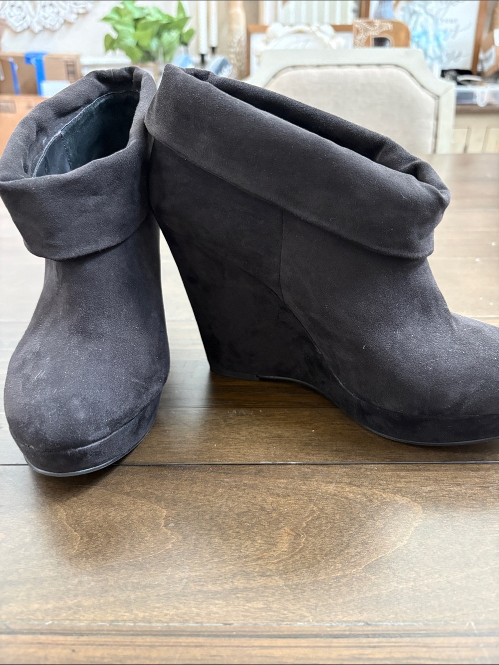 Kelsi Dagger Black Suede Fold-Over Wedge Booties